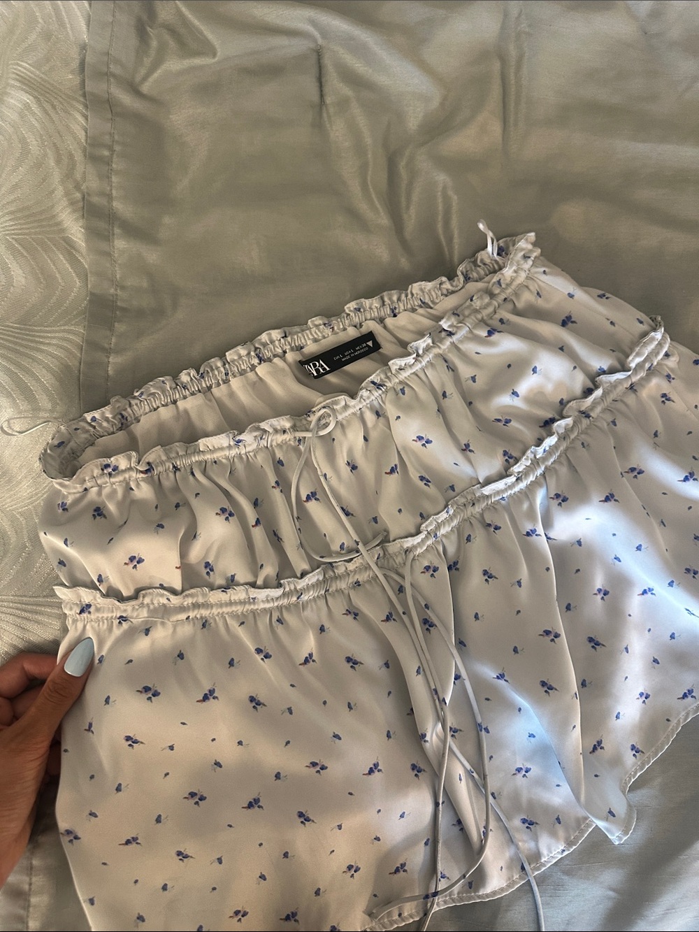 Zara Satin White Off-Shoulder Tiered Top/Skirt with Blue Floral